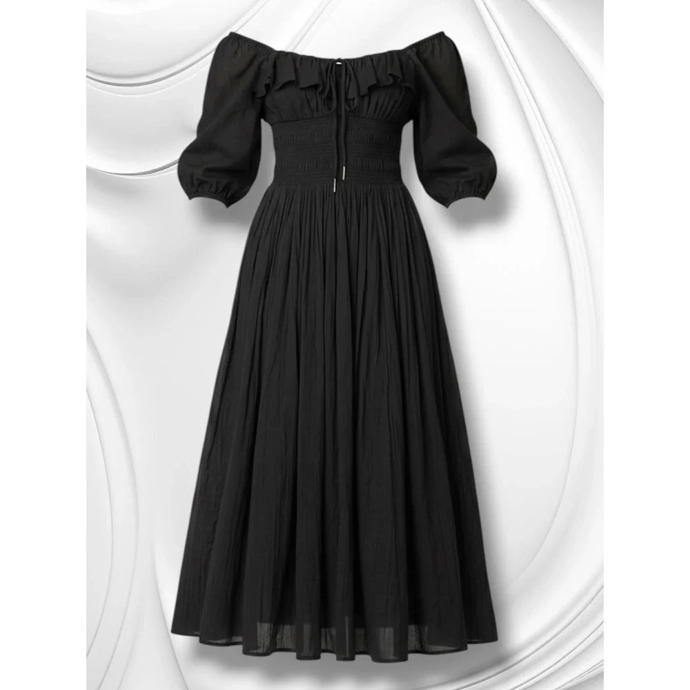 Free People Oasis Smocked Ruffle Cotton Midi Dress Black XS